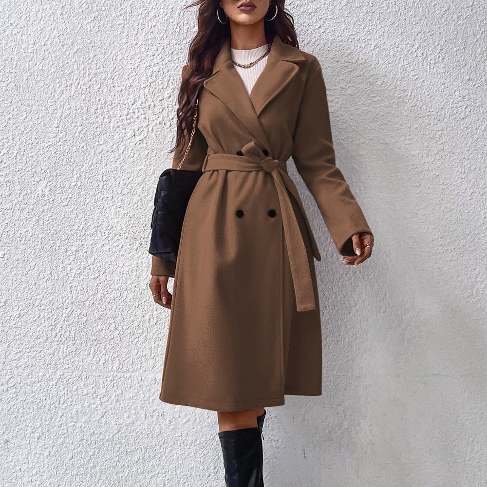 Brown Preppy Womens Lapel Neck Double Breasted Belted Coat - Picture 2 of 5